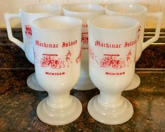 VINTAGE WHITE MILK GLASS PEDESTAL MUGS - MACKINAC ISLAND, MICHIGAN