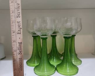 Vtg Green-stemmed goblets are traditional Roemer wine glasses.
