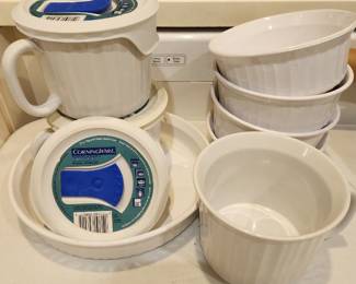 White Corning Ware - Soup Bowls w/ Lids, Baking Dish, Cereal Dishes +