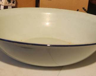 Large Enamel Ware Bowl w/ blue trim
