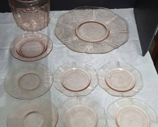 Lot 12: Pink Glass Dinnerware Set with Jar