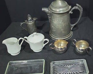 Lot 48: Assorted vintage pewterware, glassware and china