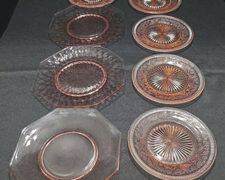 Lot 14: Assorted Glass Dinnerware: Round Copper-Patterned Plates and Clear Octagonal Plates