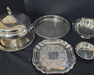 Lot 51: Silver-plated serving ware set with lidded chafing dish and engraved trays