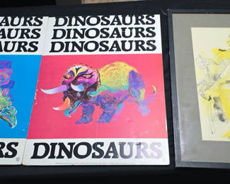 Lot 16: Dinosaur posters and framed figure drawing
