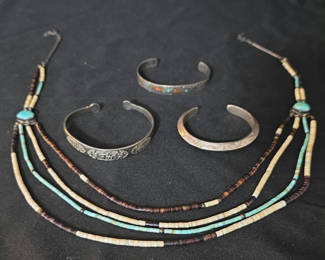 Lot 63: Silver engraved cuff bracelets with turquoise inlay and multi-strand beaded necklace