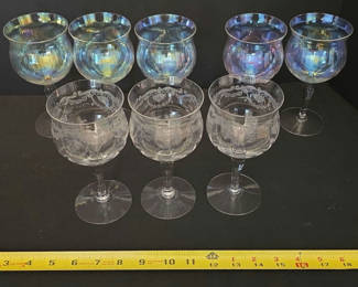 Lot 34: Set of eight stemmed goblets (iridescent and etched)