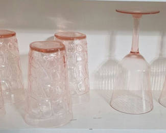 Lot 7: Pink embossed glassware: tumblers, stemware, and goblet