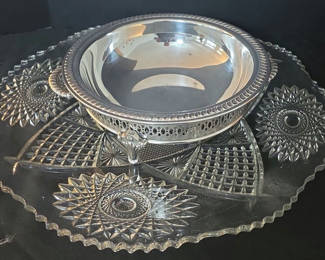 Lot 61: Large cut-glass serving platter with silver-plated stand