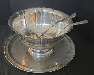 Lot 60: Gorham silverplate punch bowl with tray and serving spoons