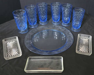 Lot 46: Blue glassware and crystal serving dishes