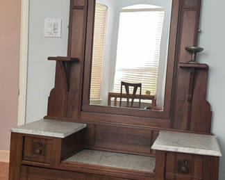 Lot 102: Antique wooden vanity with mirror and marble-topped side shelves