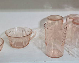Lot 8: Pink Ribbed Glassware Set with Tumblers, Bowls, and Shakers