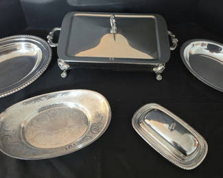 Lot 67: Silver-plated serving trays and chafing dish set
