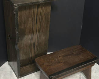 Lot 105: Tall Narrow Cabinet and Short Dark Wood Coffee Table