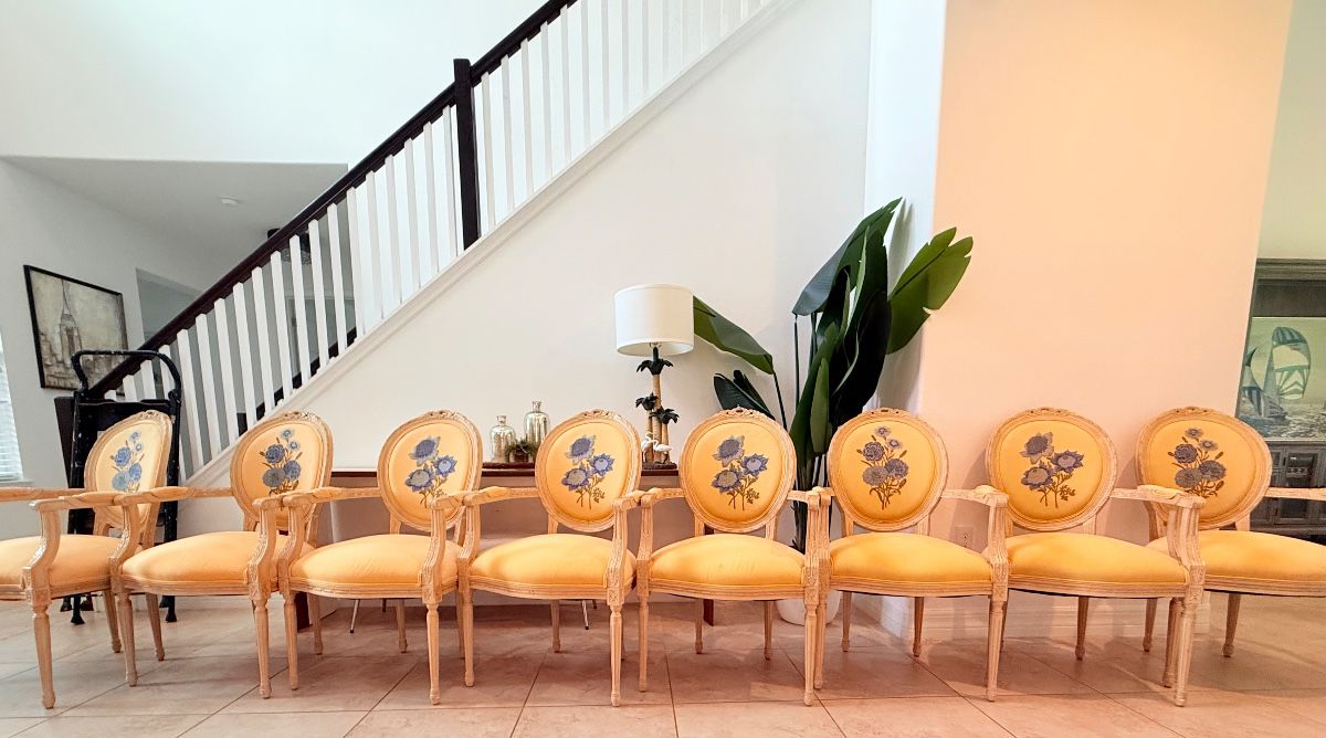 Available on Saturday, European Vintage upholstery X8 Chairs