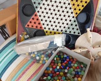 Tin Chinese Checkers, old marbles  1 of 2 boxes