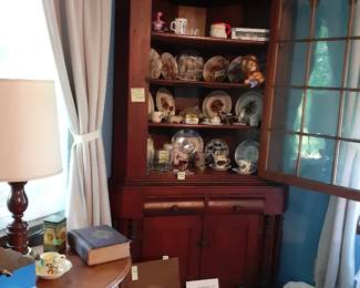 Box of buttons, antique side table, Medina books, !@ Pane Corner Cupboard