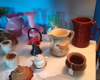 Art glass basket, Roseville Cow Pitcher, McCoy Pitcher etc etc