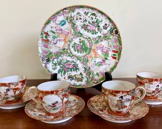Set of 4 Japanese Satsuma Porcelain Saucer Sets and Antique Rose Medallion Porcelain Plate