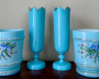Antique Blue Opaline Hand Painted Glass Pieces