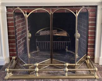 Brass Fireplace Bumper, Folding Screen & Andirons