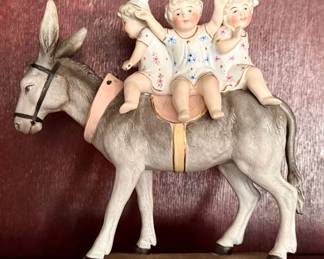 Antique German All bisque Porcelain Figural Group on Bobble Head Donkey