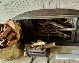 Fireplace Screen, 2 Iron Log Holders, Brass Log Holder & Wood