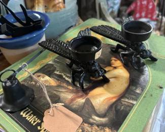 books, candle holders, gardendecor