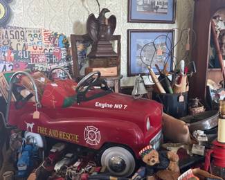 eagle lamp, fire truck, paintings