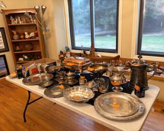 Silver plated serving dishes and silverware