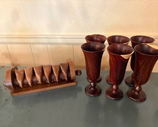 6 pc mid-century exotic wood goblets; 7 pc vintage carved wood elephant napkin ring.