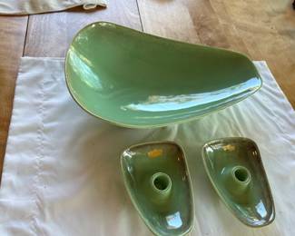 3-piece Vintage Royal Haeger Mid-Century Modern "Green Agate" Console set. Drip glazes and biomorphic shapes.