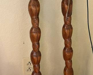 Vintage mid-century giant hand-carved wooden fork and spoon wall hangings. Philippines, 1950-1970s