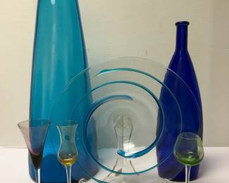 Blenko Large Blue Vase, Swirl Bowl, Lenox Aperitif Glasses, Blue Bottle