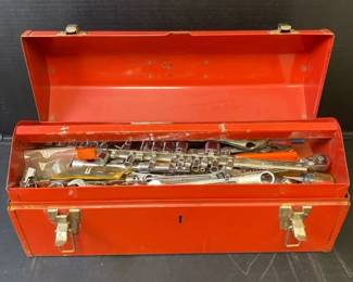 Vintage Red Tool Box and Assorted Tools