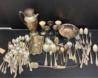 Vintage Assorted Silver Plate Utensils, Bowl, Platter, Decanter,