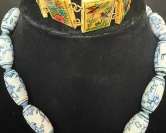 Hand Painted Porcelain Bead Necklace, Vintage Painted Panel Bracelet