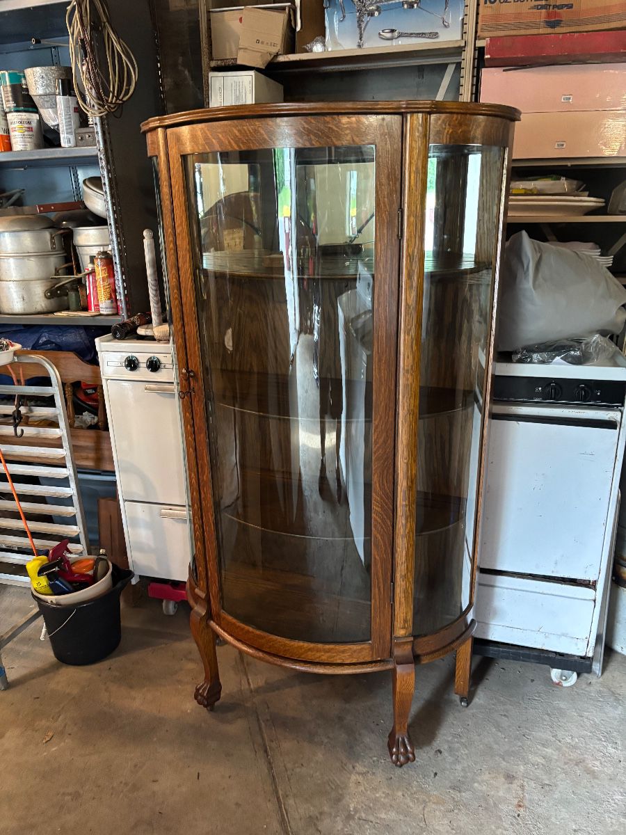 old curved glass china OAK no broken glass great shape 