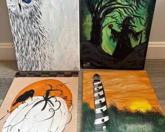 158 fouroriginalacrylicpaintingsowlwitc