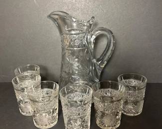 132 vintageetchedglasspitcherand6tumbl