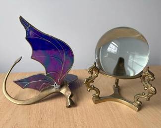 076 glassdragonsculptureandbrassstandw