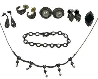 925 Sterling Silver Jewelry Lot Necklace Bracelet Pin 3 Pairs Earrings Marcasite Black Onyx