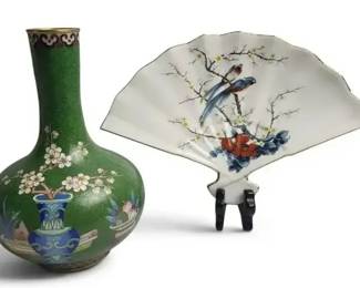 Chinese Cloisonn Vase Fan Shaped Porcelain Plate Hand Painted Bird Floral Dcor 2Piece Set
