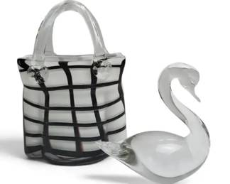 Steuben Glass Swan Figurine Hand Blown Black Latticino Art Glass Basket Vase Set of 2 Decor
