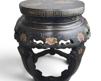 Vintage Asian Black Lacquer Drum Table Hand Painted Floral Pedestal Accent Stool with Lid