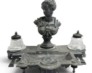 Antique NeoClassical Figural Double Inkwell Cast Metal Desk Set with Glass Inserts Bust