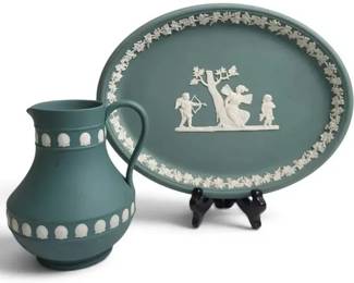 Wedgwood Green Jasperware Pitcher Oval Platter Set White Relief English Stoneware Decor