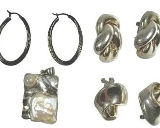 925 Sterling Silver Jewelry Lot Hoop Earrings Stud Earrings Pendant 7 Pieces Modern Estate