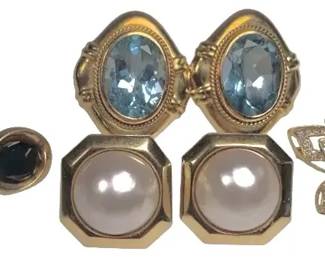 Vintage 10K Gold Butterfly Pin Assorted Gold Earrings Lot Aquamarine Pearl Onyx 4 Pairs